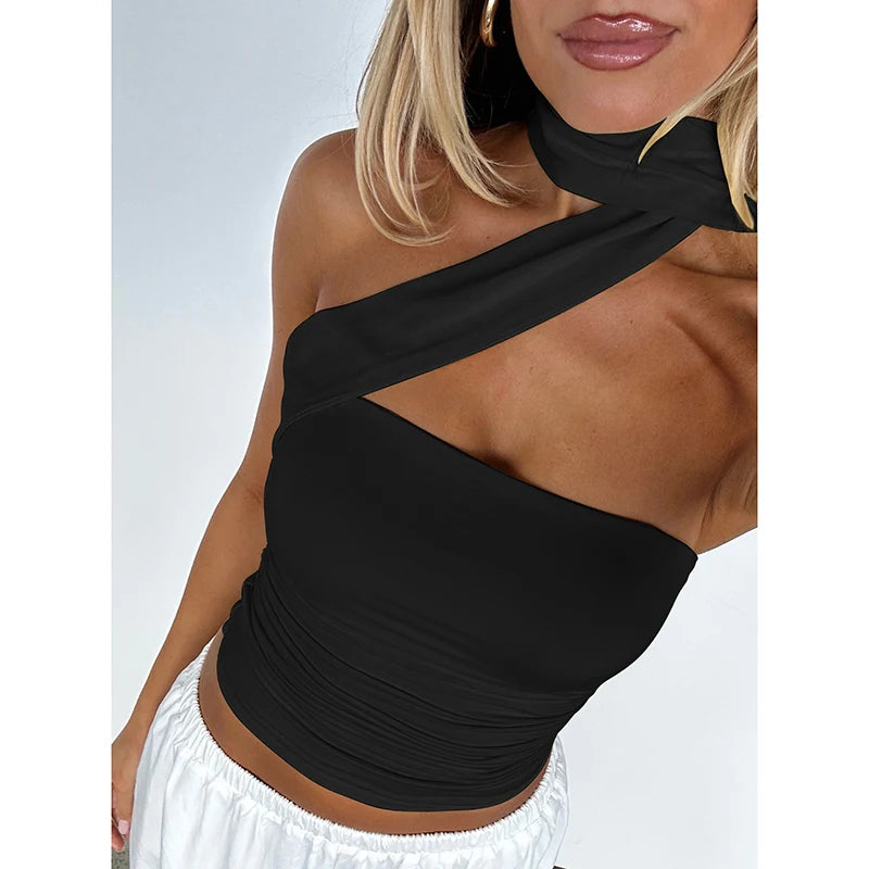 Top Halter Elegante con Sciarpa e Dettaglio Increspato
