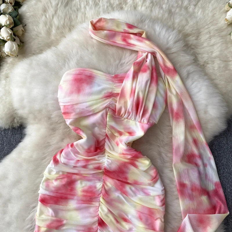 Mini Abito Halter Tie-Dye Aderente | Vestito da Sera Pieghettato Sexy