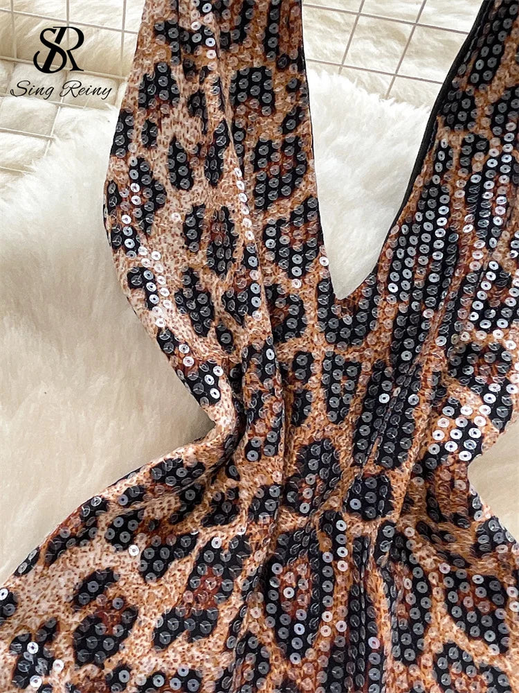 Abito Mini Leopardato con Paillettes - Scollo a V