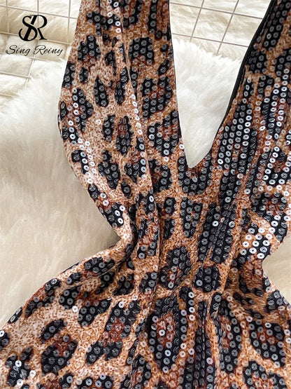 Abito Mini Leopardato con Paillettes - Scollo a V