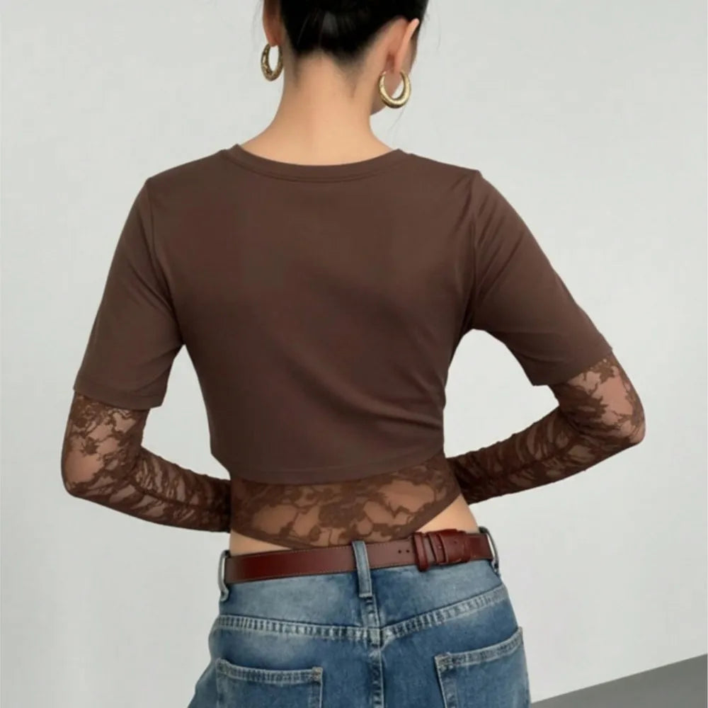 Body Crop Top a Due Strati con Maniche in Pizzo Floreale