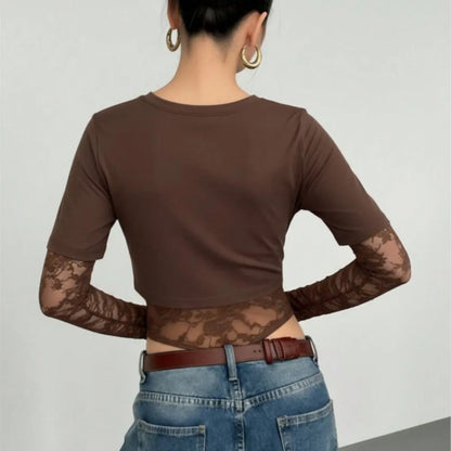 Body Crop Top a Due Strati con Maniche in Pizzo Floreale