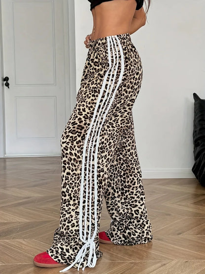 Pantaloni Palazzo Y2K Leopardati con Bande Laterali e Stringhe