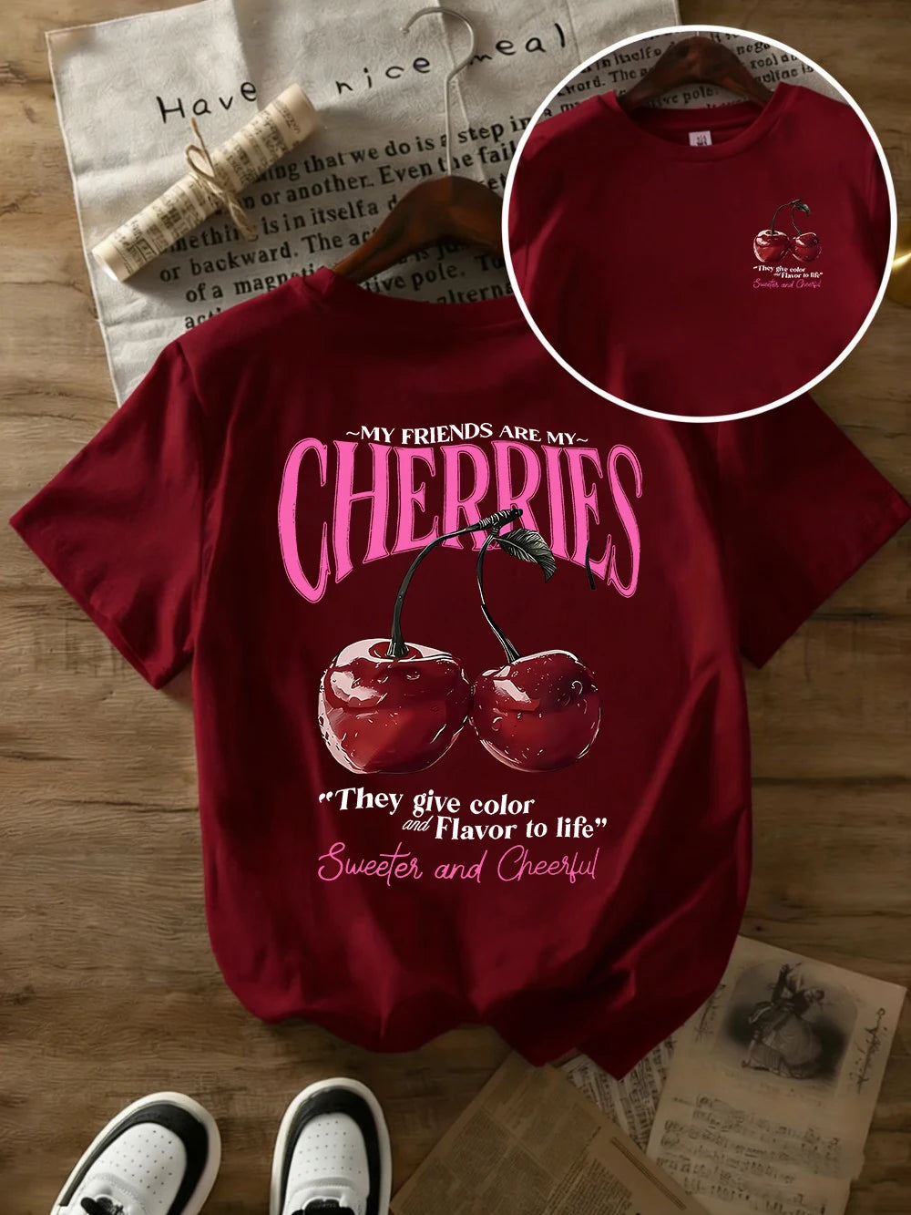 T-shirt in Cotone Bianca con Stampa "Cherries"