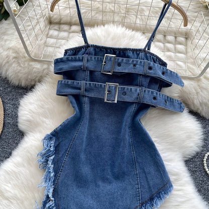 Top in Denim Asimmetrico con Fibbie e Bordi Sfrangiati