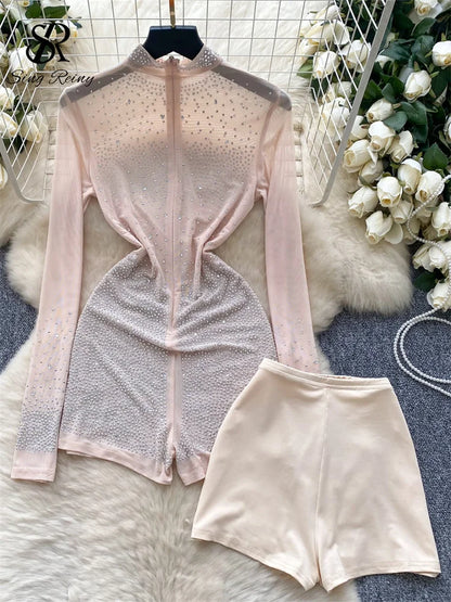 Set Coordinato Top a Maniche Lunghe e Shorts con Strass e Brillantini