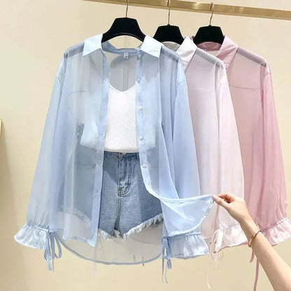 Camicia Oversize in Organza Trasparente con Polsini a Fiocco