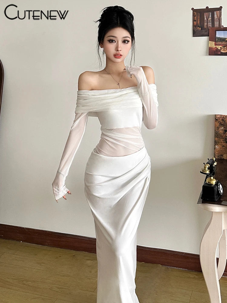 Vestito Elegante da Sera con Spalle Scoperte e Dettaglio Mesh Trasparente