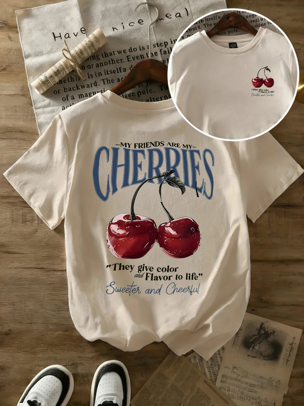 T-shirt in Cotone Bianca con Stampa "Cherries"