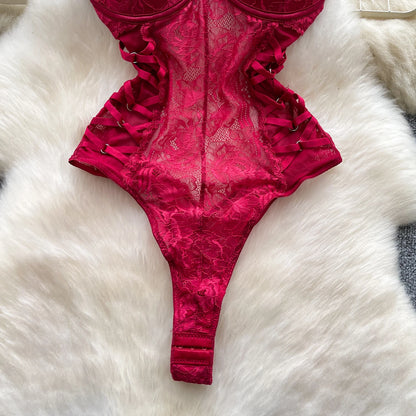 Body Corsetto in Pizzo Floreale con Stringhe Laterali