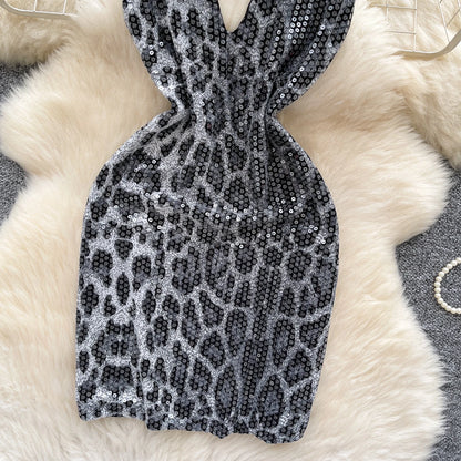 Abito Mini Leopardato con Paillettes - Scollo a V