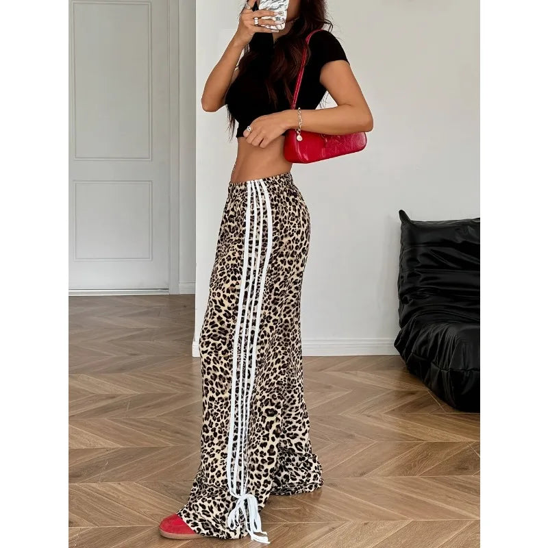 Pantaloni Palazzo Y2K Leopardati con Bande Laterali e Stringhe