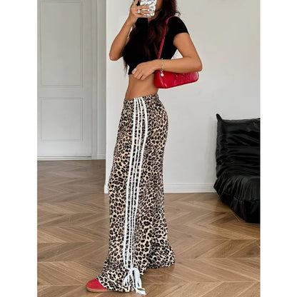 Pantaloni Palazzo Y2K Leopardati con Bande Laterali e Stringhe