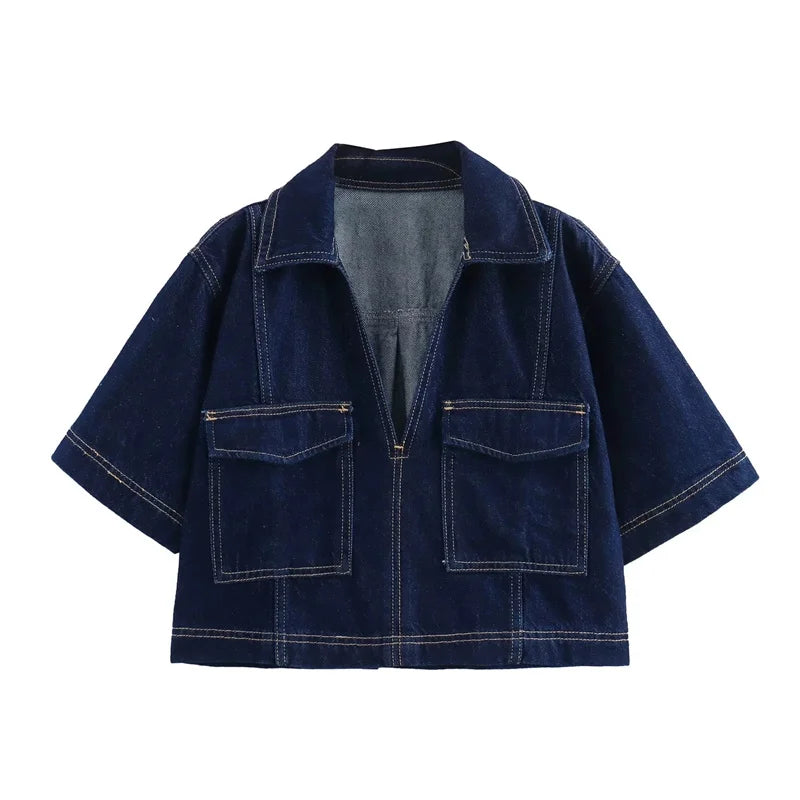 Set Coordinato Denim Donna: Camicia Crop e Minigonna Blu