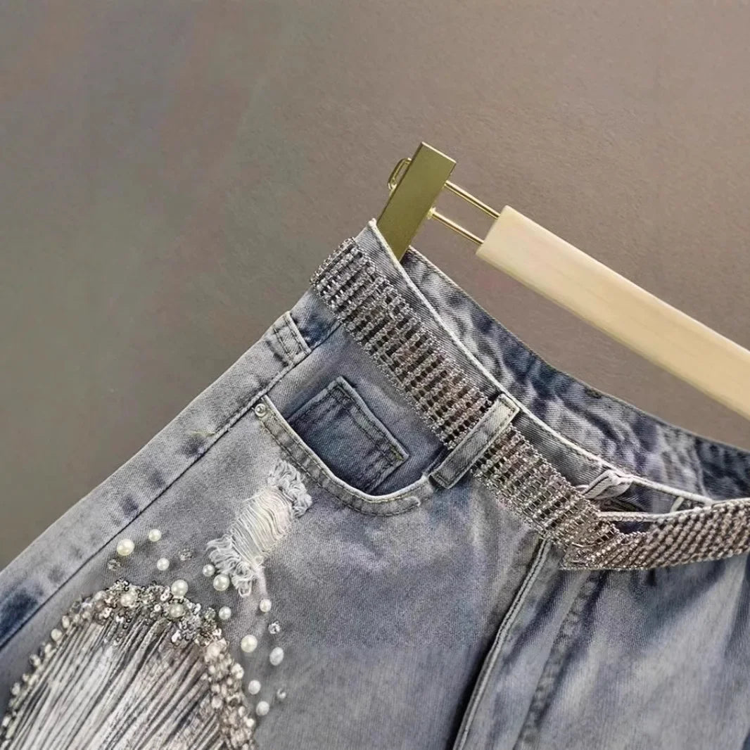 Shorts Jeans a Vita Alta con Frange di Strass e Perle.
