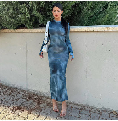 Abito Maxi Aderente in Mesh con Stampa Sfumata