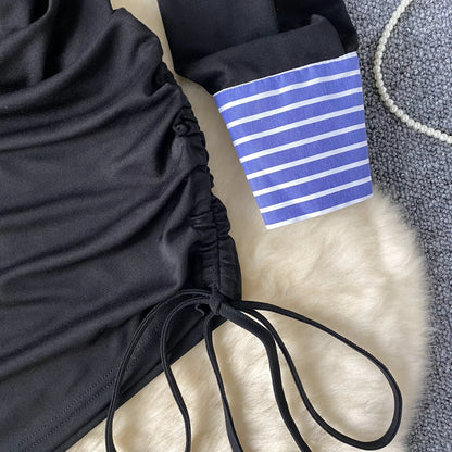 Vestito con Dettaglio Camicia Rigata e Drappeggio
