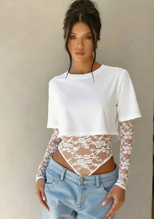 Body Crop Top a Due Strati con Maniche in Pizzo Floreale