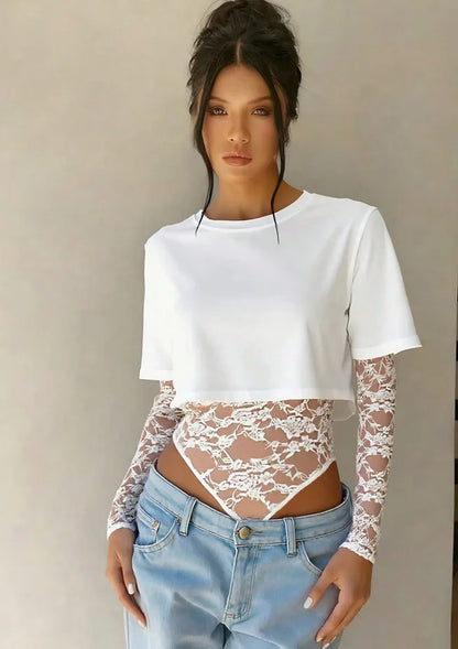 Body Crop Top a Due Strati con Maniche in Pizzo Floreale