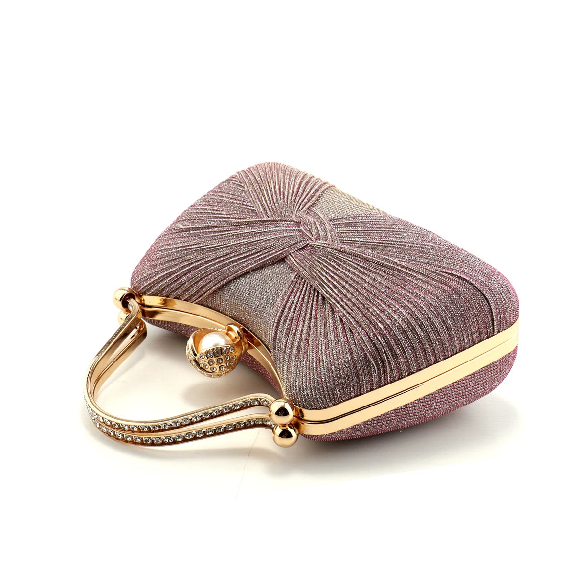 Borsa Clutch da Cerimonia Plissettata con Manico Dorato