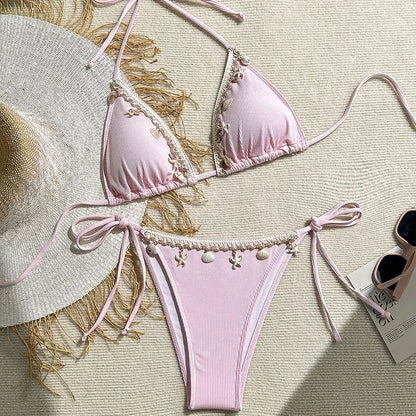 Bikini a Triangolo "Ocean Pearl" con Conchiglie e Perline