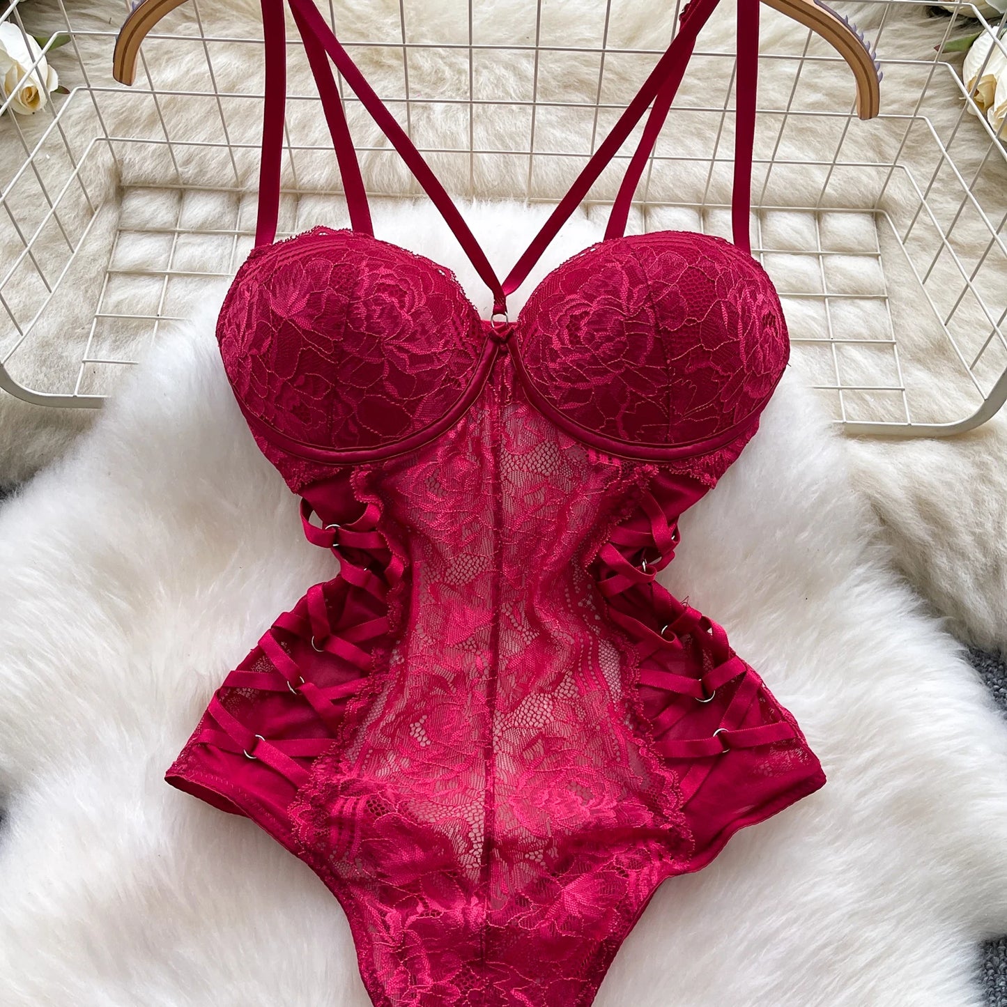 Body Corsetto in Pizzo Floreale con Stringhe Laterali