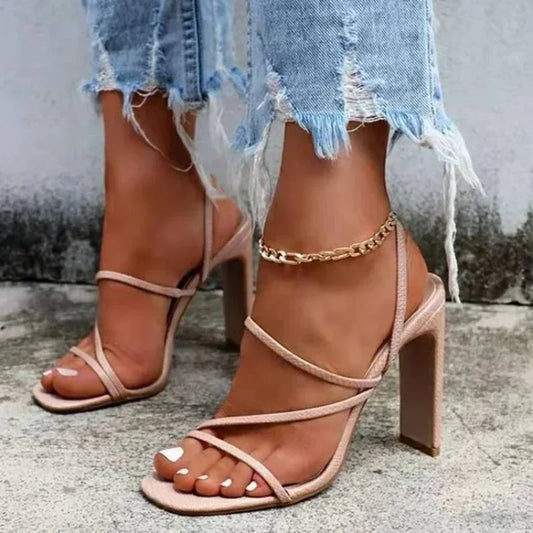 Sandali Donna con Tacco Largo e Listini Sottili