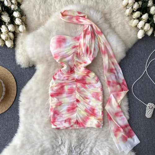Mini Abito Halter Tie-Dye Aderente | Vestito da Sera Pieghettato Sexy