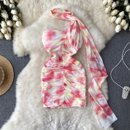 Mini Abito Halter Tie-Dye Aderente | Vestito da Sera Pieghettato Sexy