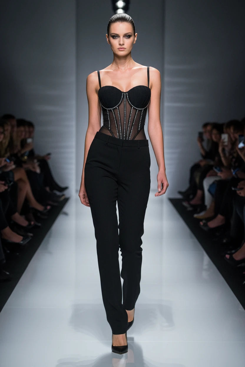 Body Corsetto Nero con Strass e Brillantini