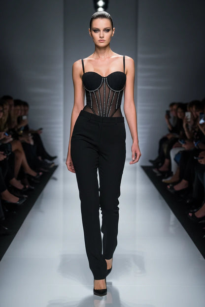Body Corsetto Nero con Strass e Brillantini