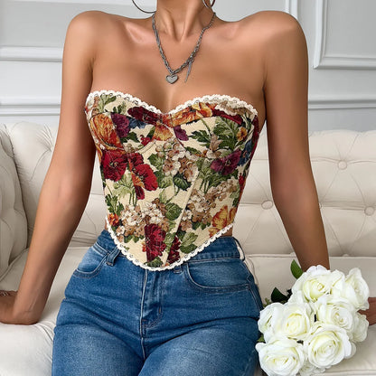 Top Corsetto Floreale con Stringhe Posteriori