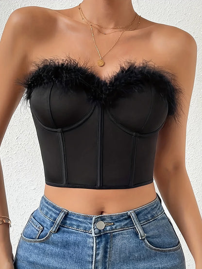 Crop Top Corsetto Nero con Bordo in Piume