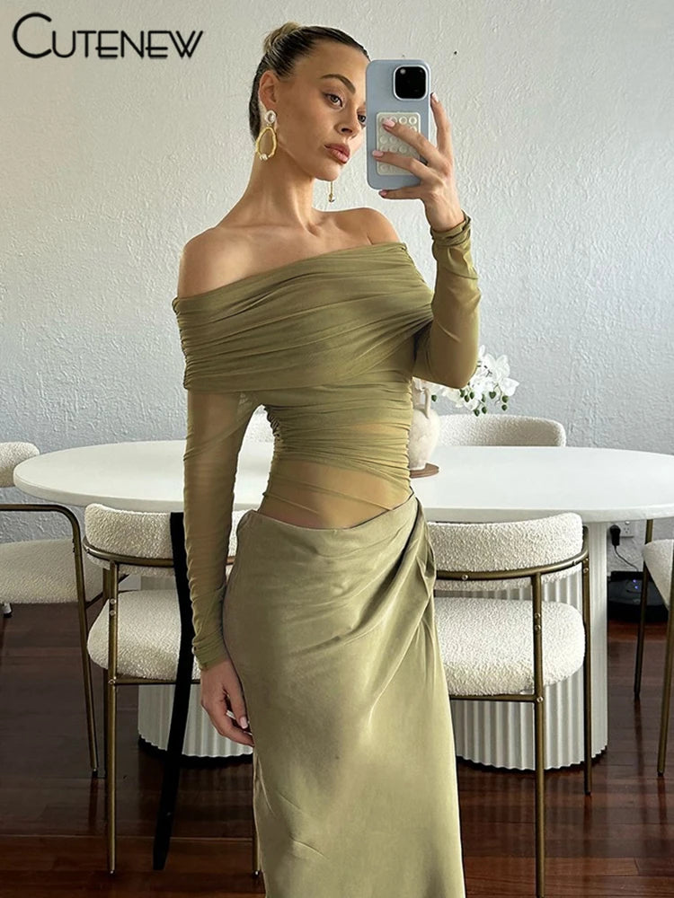 Vestito Elegante da Sera con Spalle Scoperte e Dettaglio Mesh Trasparente