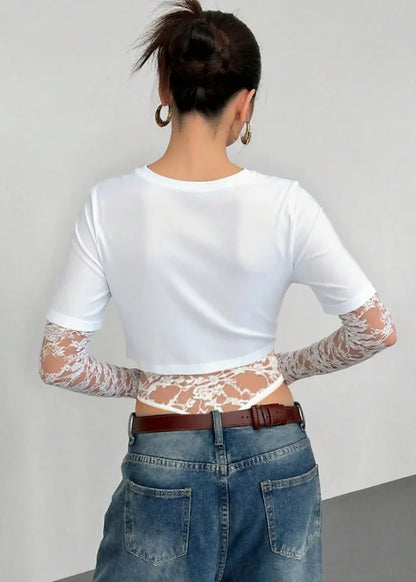 Body Crop Top a Due Strati con Maniche in Pizzo Floreale