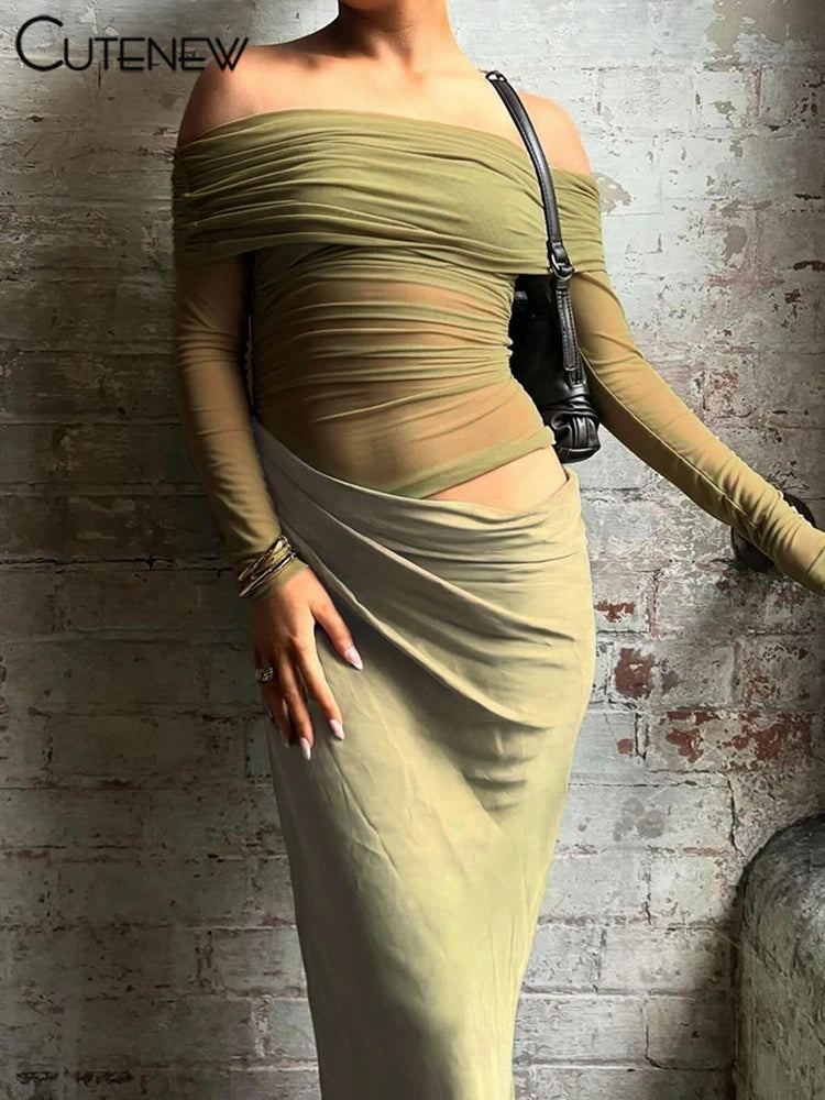 Vestito Elegante da Sera con Spalle Scoperte e Dettaglio Mesh Trasparente