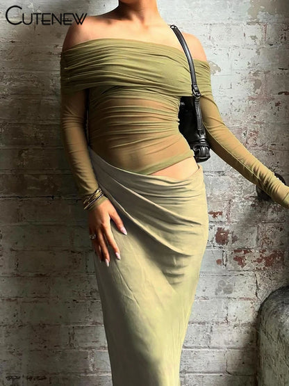 Vestito Elegante da Sera con Spalle Scoperte e Dettaglio Mesh Trasparente