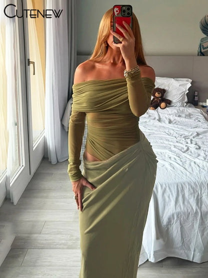 Vestito Elegante da Sera con Spalle Scoperte e Dettaglio Mesh Trasparente