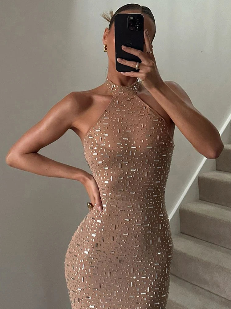 Abito Lungo "Sparkle Mesh" con Strass