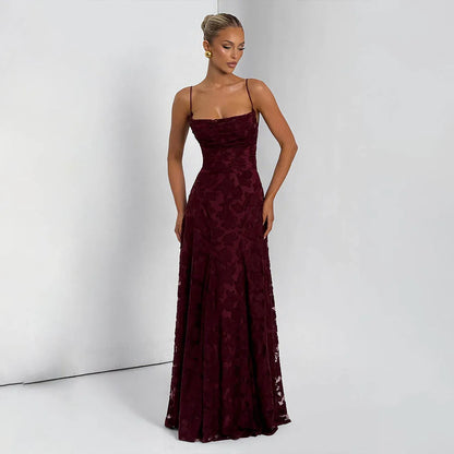 Robe de Soirée Longue Bordeaux en Dentelle avec Col Capuche