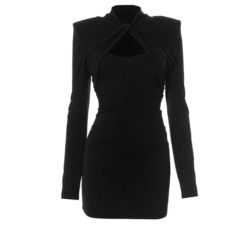 Abito Corto Nero con Cut-Out Incrociato e Spalline Strutturate