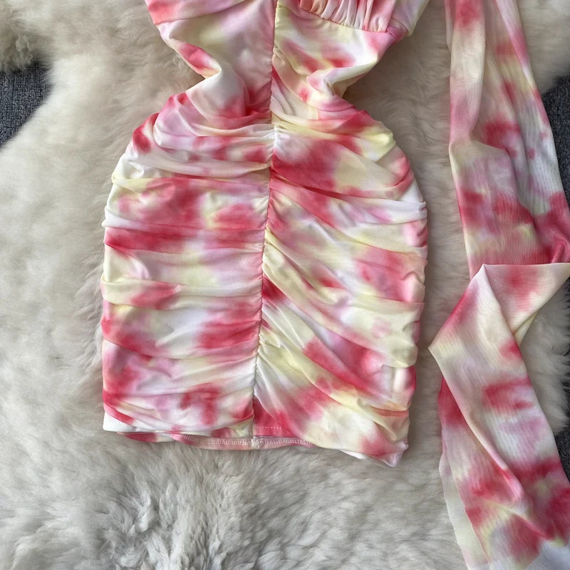 Mini Abito Halter Tie-Dye Aderente | Vestito da Sera Pieghettato Sexy