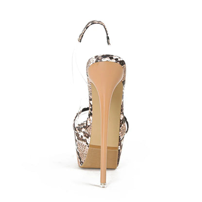 Sandales Femme Talon Aiguille Python avec Plateforme et Bande Transparente
