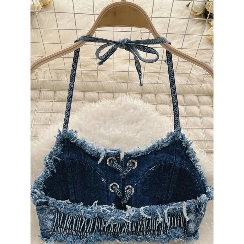 Bikini in Denim Sfrangiato con Intreccio Frontale