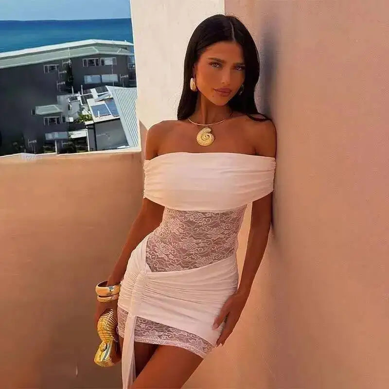 Abito Mini Drappeggiato con Inserto in Pizzo e Scollo a Barca