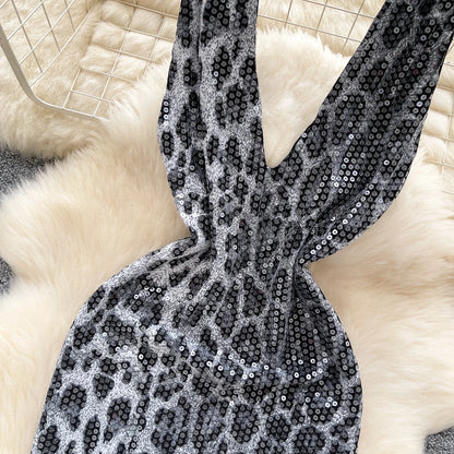 Abito Mini Leopardato con Paillettes - Scollo a V