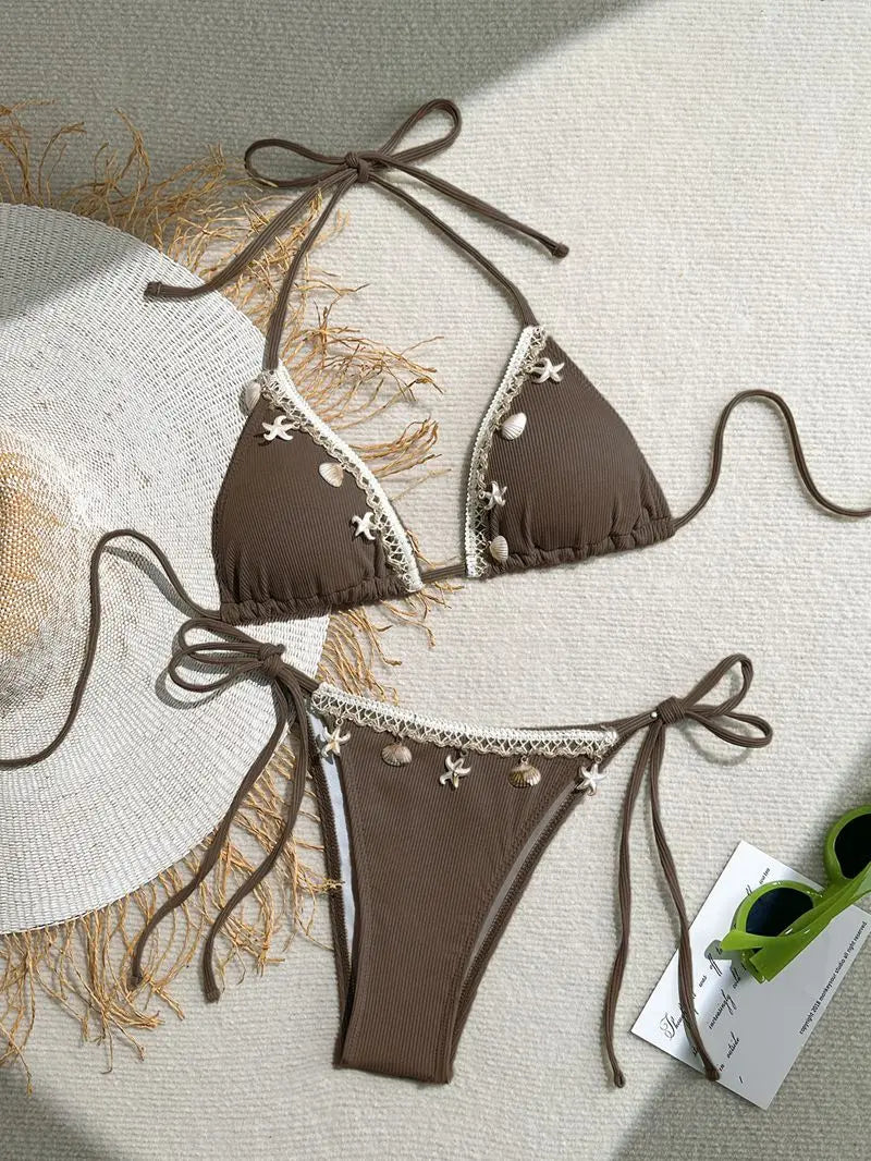 Bikini a Triangolo "Ocean Pearl" con Conchiglie e Perline