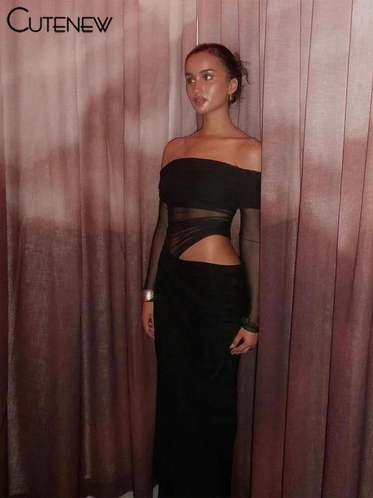 Vestito Elegante da Sera con Spalle Scoperte e Dettaglio Mesh Trasparente