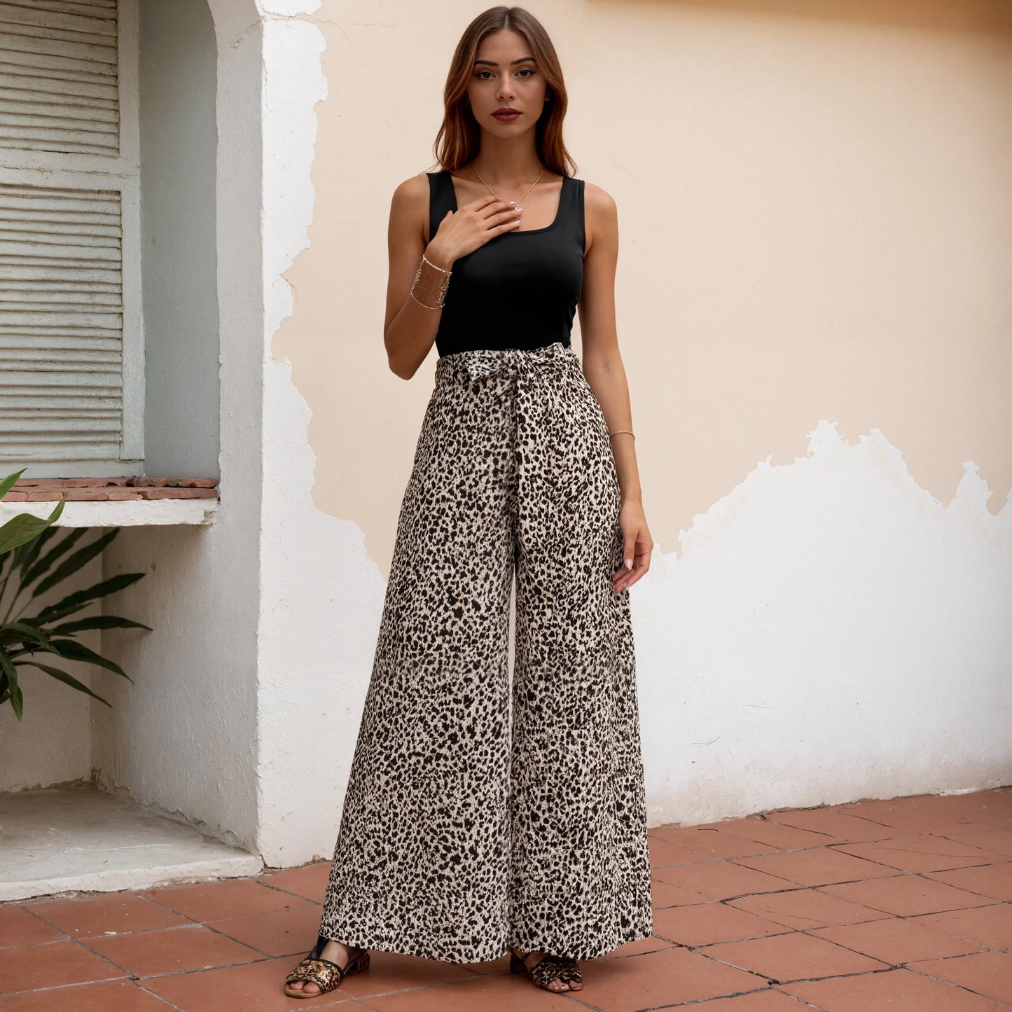 Pantaloni da donna sexy con stampa leopardata a gamba larga