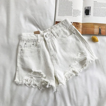 Pantaloncini Jeans Vita Alta Strappati - Shorts Denim Distressed in Vari Colori